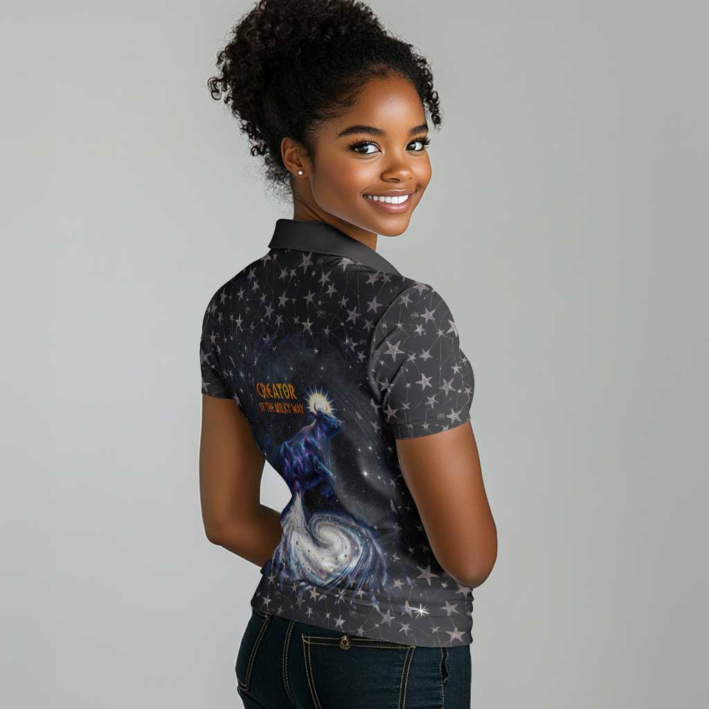 Hesat Solar Horn Symbol Women Polo Shirt Egyptian Cosmic Cow in Starry Milky Way