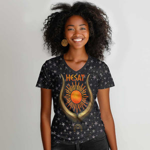 Hesat Solar Horn Symbol Women V-Neck T-Shirt Egyptian Cosmic Cow in Starry Milky Way