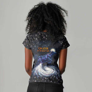 Hesat Solar Horn Symbol Women V-Neck T-Shirt Egyptian Cosmic Cow in Starry Milky Way