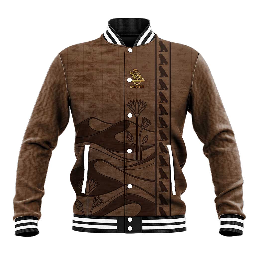 Imenet Sunlit Temple Columns Baseball Jacket with Ancient Egyptian Offering Scene