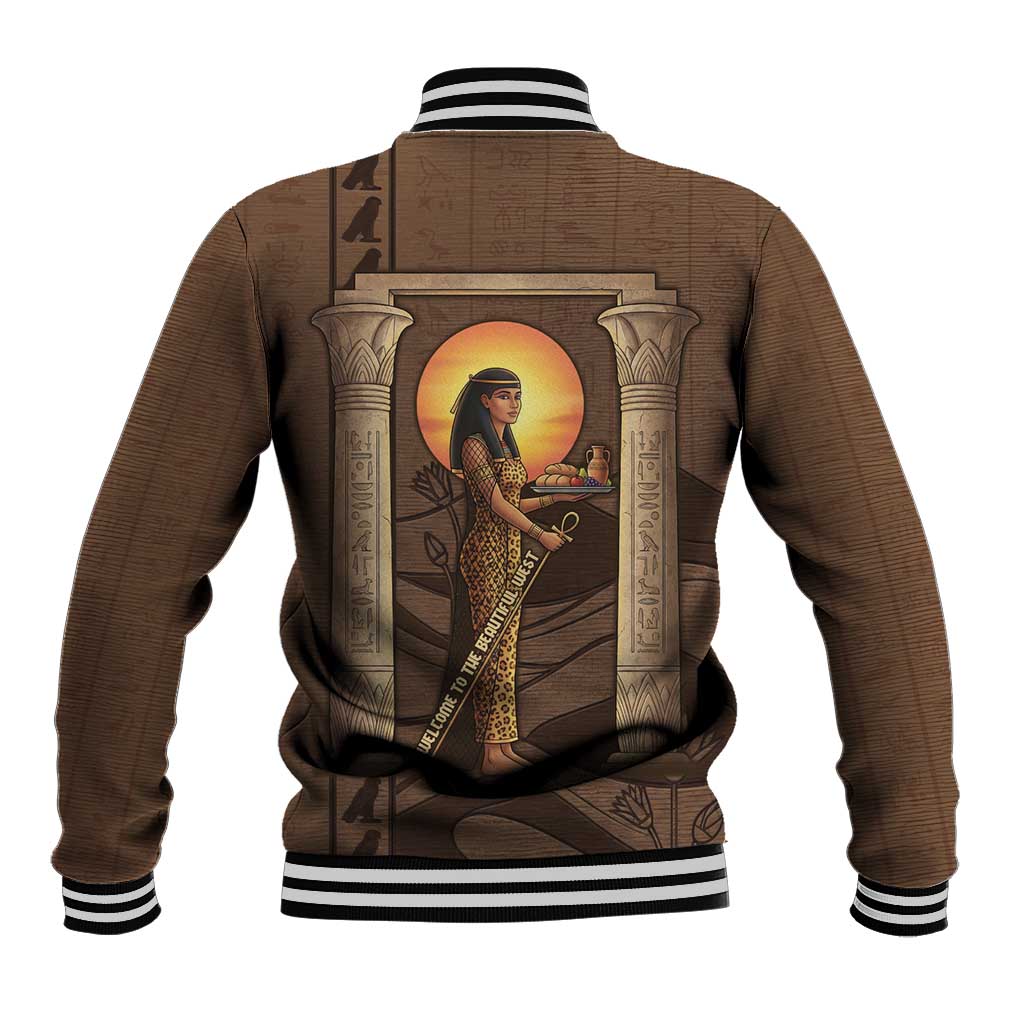 Imenet Sunlit Temple Columns Baseball Jacket with Ancient Egyptian Offering Scene