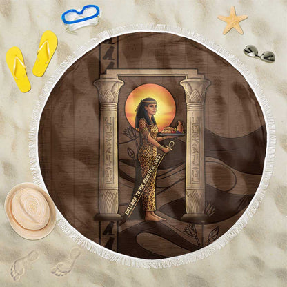 Imenet Sunlit Temple Columns Beach Blanket with Ancient Egyptian Offering Scene