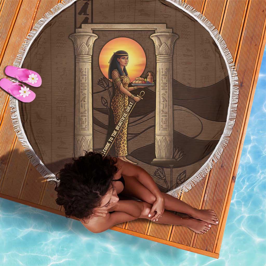 Imenet Sunlit Temple Columns Beach Blanket with Ancient Egyptian Offering Scene