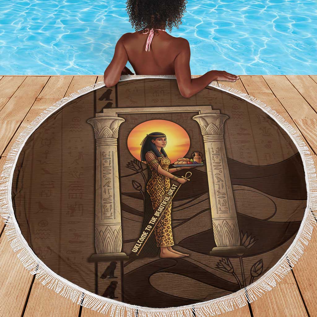 Imenet Sunlit Temple Columns Beach Blanket with Ancient Egyptian Offering Scene