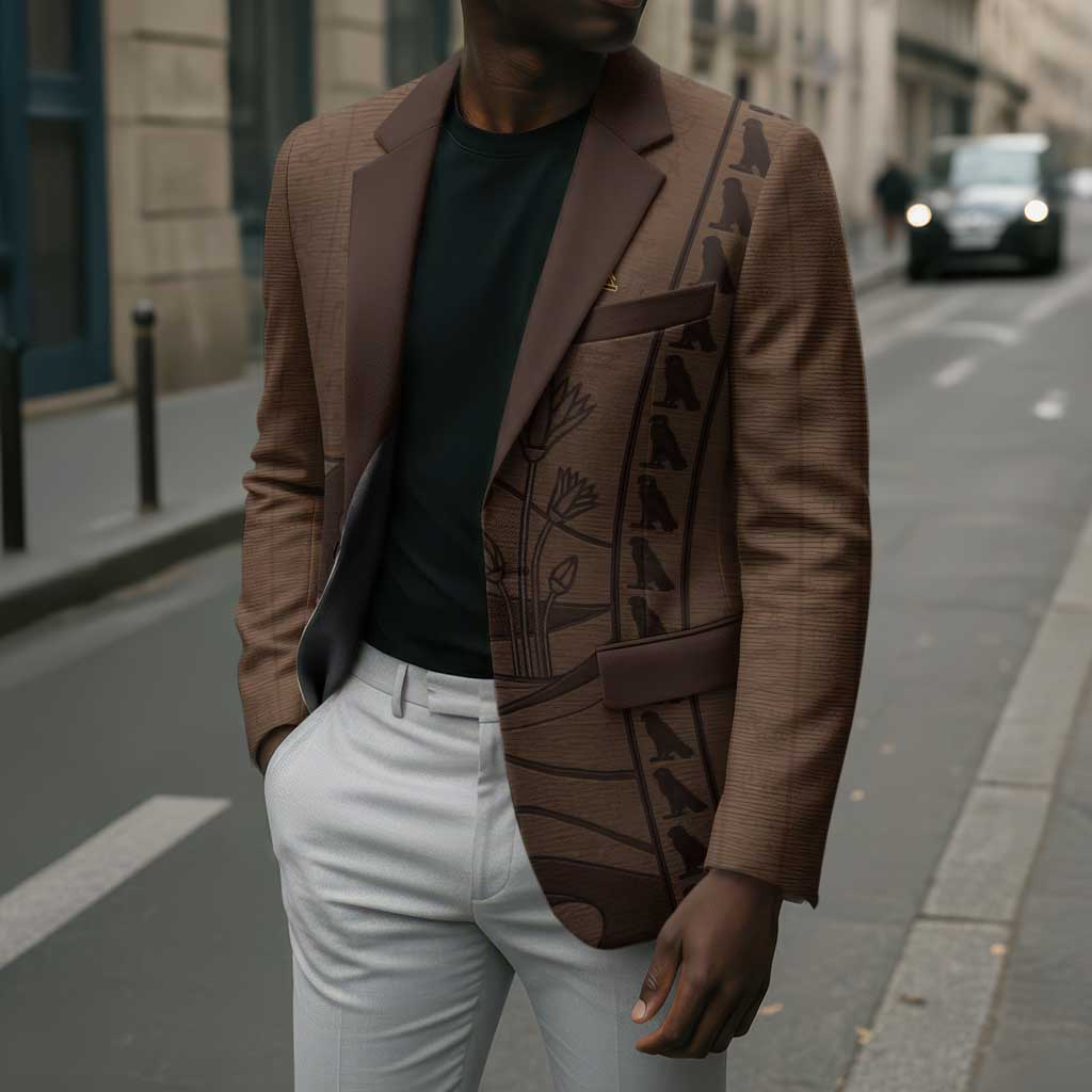Imenet Sunlit Temple Columns Blazer with Ancient Egyptian Offering Scene