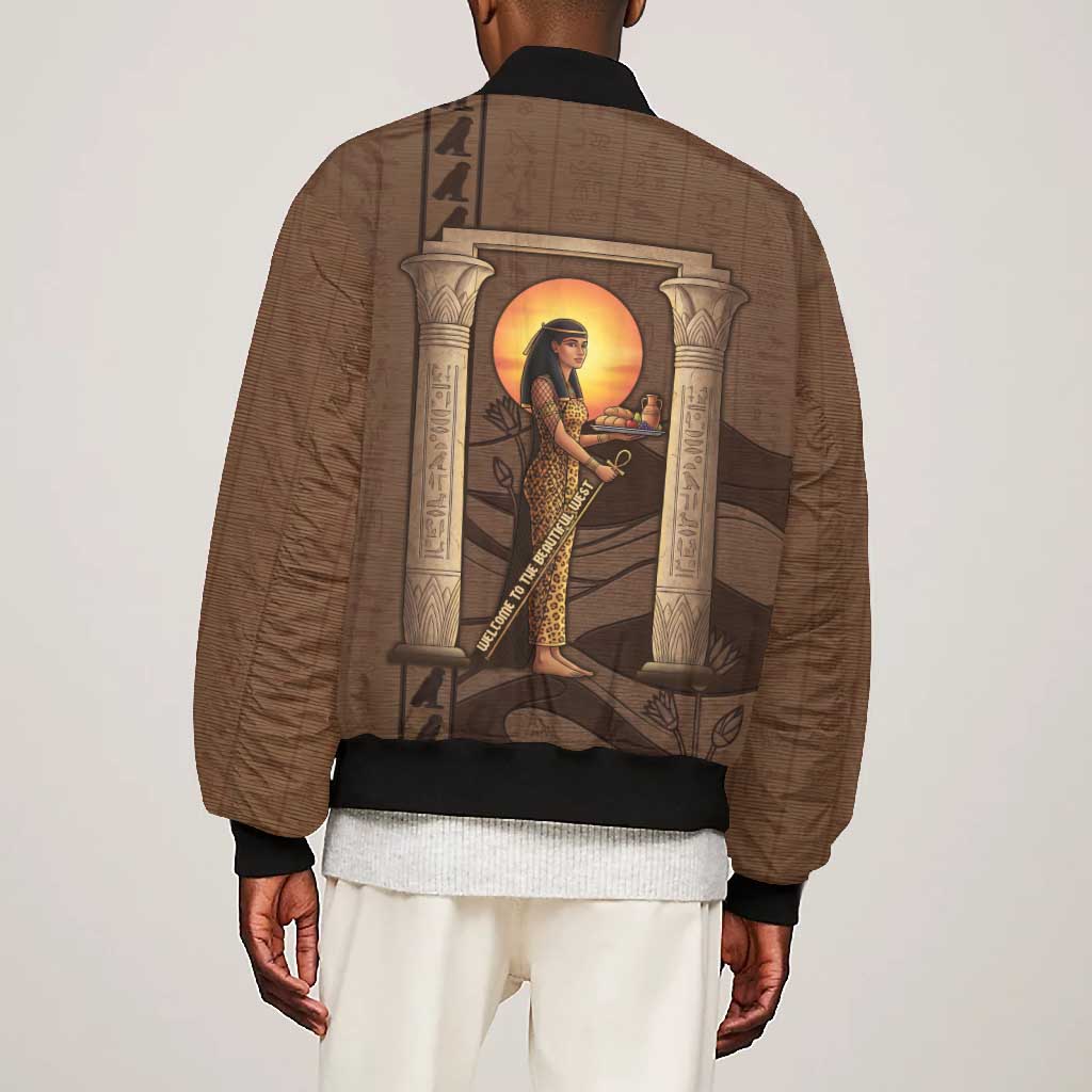 Imenet Sunlit Temple Columns Bomber Jacket with Ancient Egyptian Offering Scene