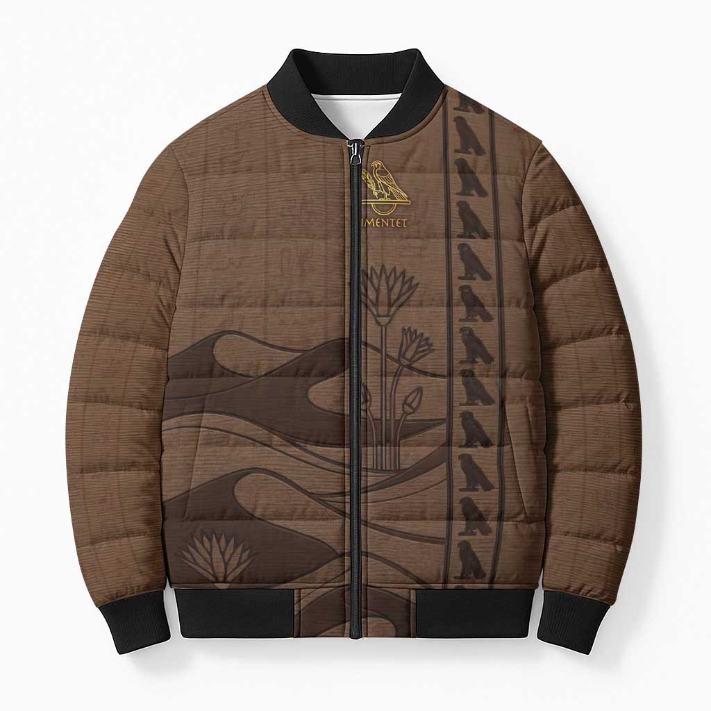 Imenet Sunlit Temple Columns Bomber Puffer Jacket with Ancient Egyptian Offering Scene