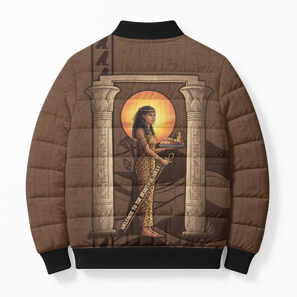 Imenet Sunlit Temple Columns Bomber Puffer Jacket with Ancient Egyptian Offering Scene