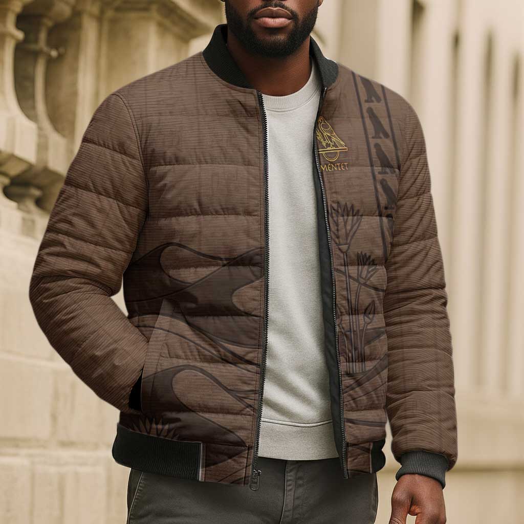 Imenet Sunlit Temple Columns Bomber Puffer Jacket with Ancient Egyptian Offering Scene