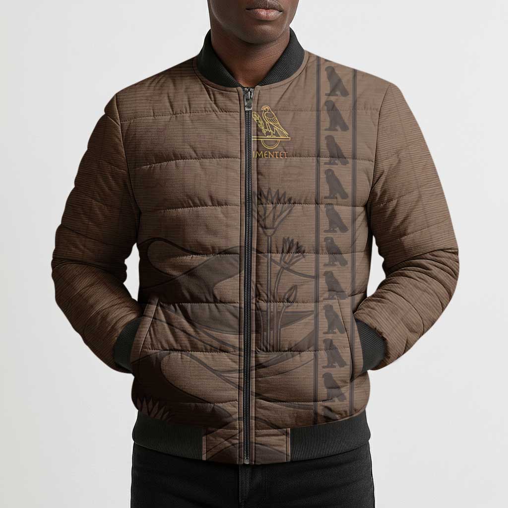 Imenet Sunlit Temple Columns Bomber Puffer Jacket with Ancient Egyptian Offering Scene