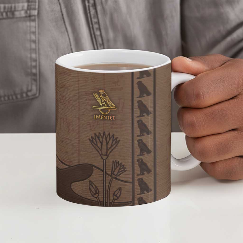 Imenet Sunlit Temple Columns Ceramic Mug with Ancient Egyptian Offering Scene