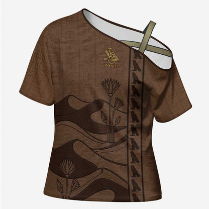 Imenet Sunlit Temple Columns Cross Shoulder Shirt with Ancient Egyptian Offering Scene