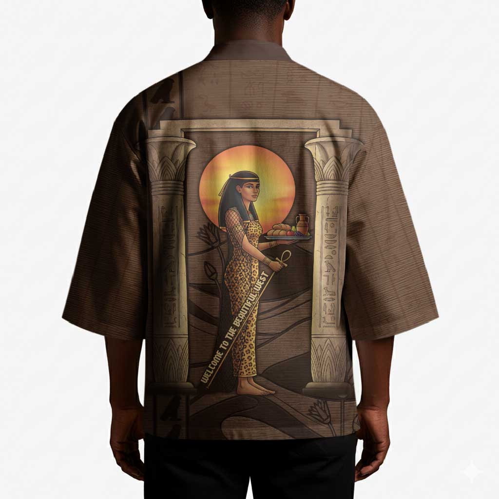 Imenet Sunlit Temple Columns Kimono with Ancient Egyptian Offering Scene