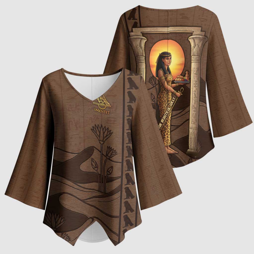 Imenet Sunlit Temple Columns Kimono Sleeve Blouse with Ancient Egyptian Offering Scene