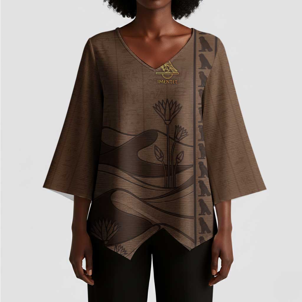 Imenet Sunlit Temple Columns Kimono Sleeve Blouse with Ancient Egyptian Offering Scene