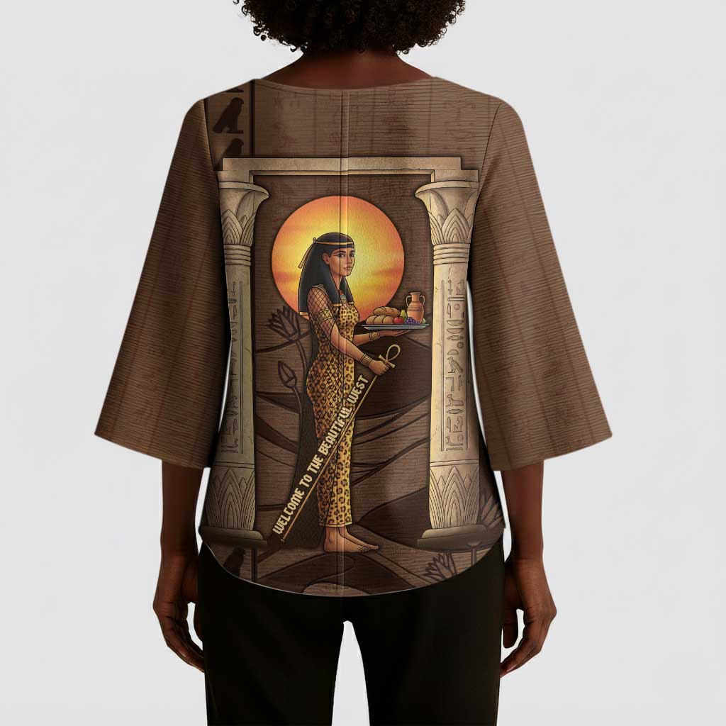 Imenet Sunlit Temple Columns Kimono Sleeve Blouse with Ancient Egyptian Offering Scene