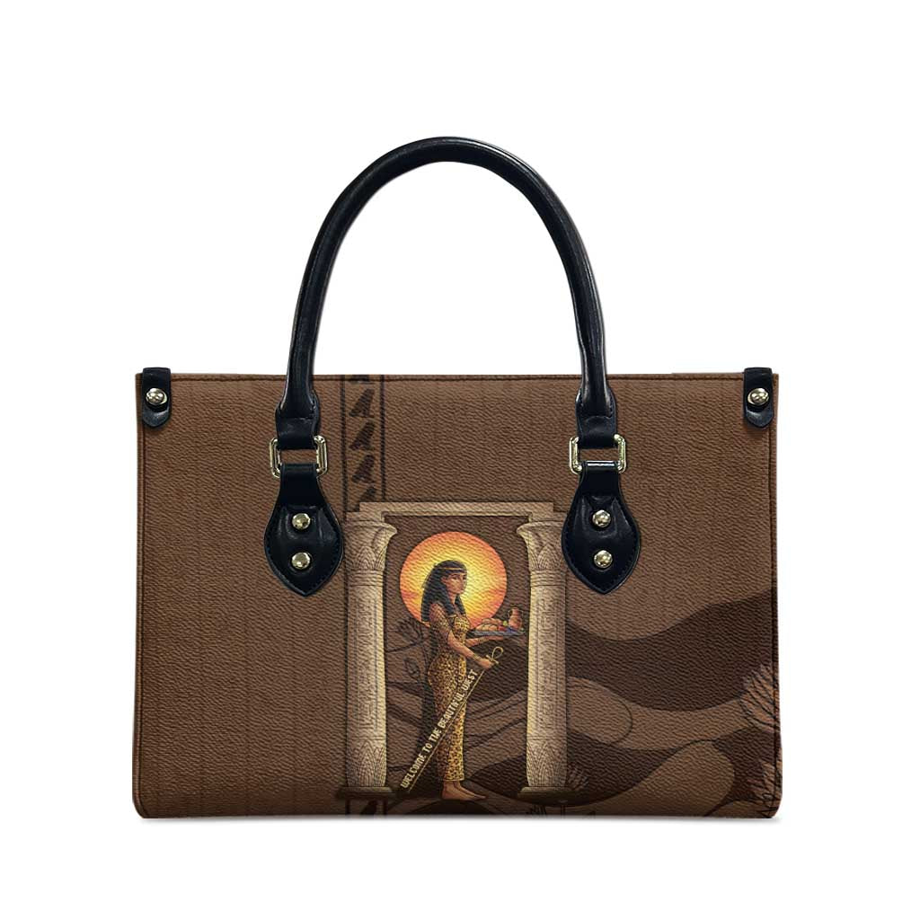 Imenet Sunlit Temple Columns Leather Bag with Ancient Egyptian Offering Scene