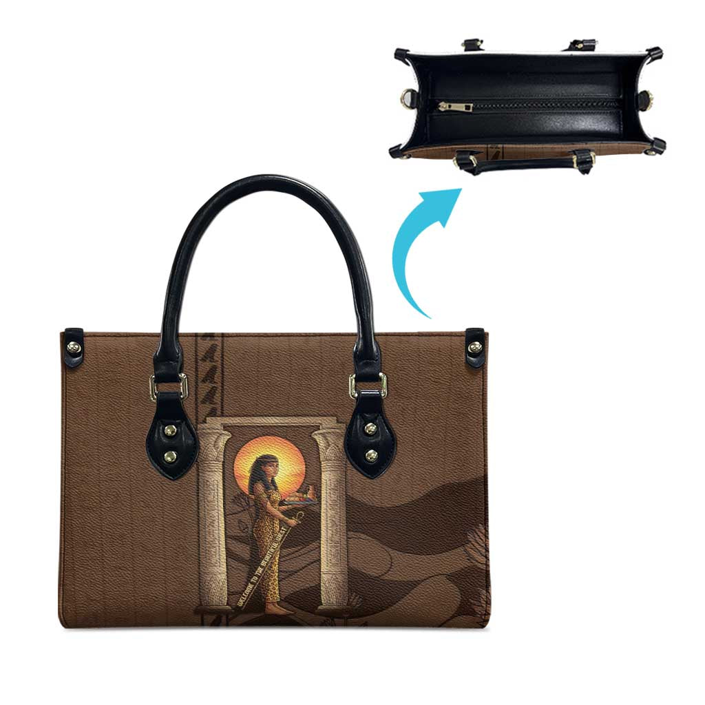 Imenet Sunlit Temple Columns Leather Bag with Ancient Egyptian Offering Scene