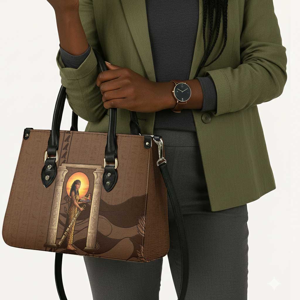 Imenet Sunlit Temple Columns Leather Bag with Ancient Egyptian Offering Scene