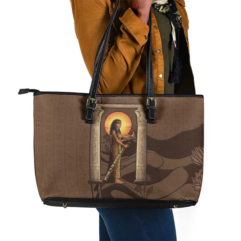 Imenet Sunlit Temple Columns Leather Tote Bag with Ancient Egyptian Offering Scene
