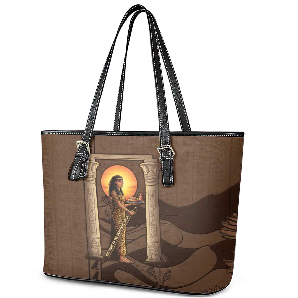 Imenet Sunlit Temple Columns Leather Tote Bag with Ancient Egyptian Offering Scene