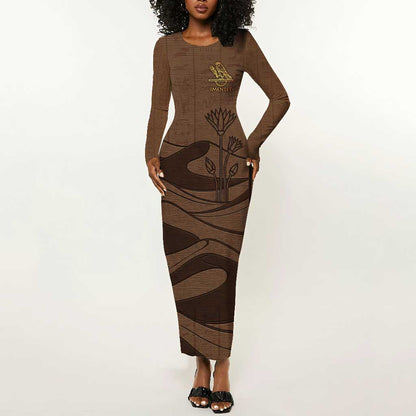 Imenet Sunlit Temple Columns Long Sleeve Bodycon Dress with Ancient Egyptian Offering Scene