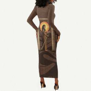 Imenet Sunlit Temple Columns Long Sleeve Bodycon Dress with Ancient Egyptian Offering Scene