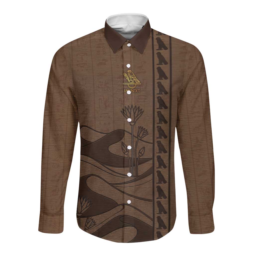 Imenet Sunlit Temple Columns Long Sleeve Button Shirt with Ancient Egyptian Offering Scene