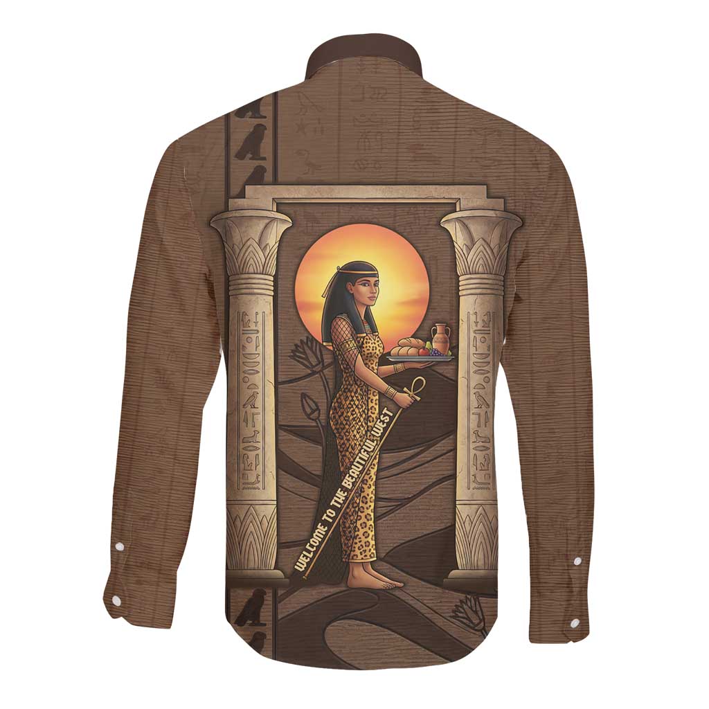 Imenet Sunlit Temple Columns Long Sleeve Button Shirt with Ancient Egyptian Offering Scene