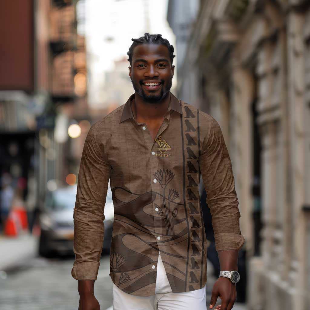 Imenet Sunlit Temple Columns Long Sleeve Button Shirt with Ancient Egyptian Offering Scene
