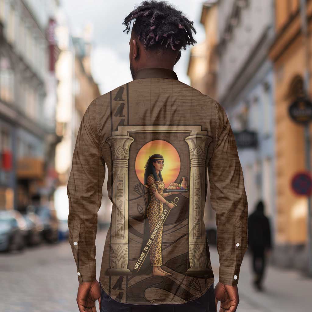 Imenet Sunlit Temple Columns Long Sleeve Button Shirt with Ancient Egyptian Offering Scene