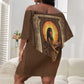 Imenet Sunlit Temple Columns Off Shoulder Short Dress with Ancient Egyptian Offering Scene