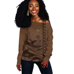 Imenet Sunlit Temple Columns Off Shoulder Sweater with Ancient Egyptian Offering Scene
