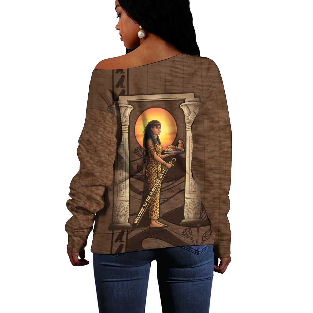 Imenet Sunlit Temple Columns Off Shoulder Sweater with Ancient Egyptian Offering Scene