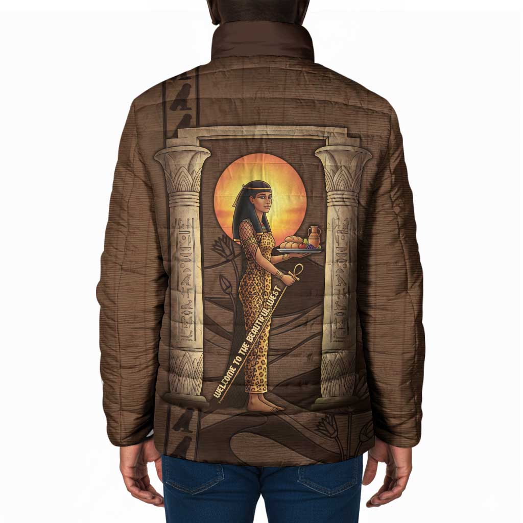 Imenet Sunlit Temple Columns Padded Jacket with Ancient Egyptian Offering Scene