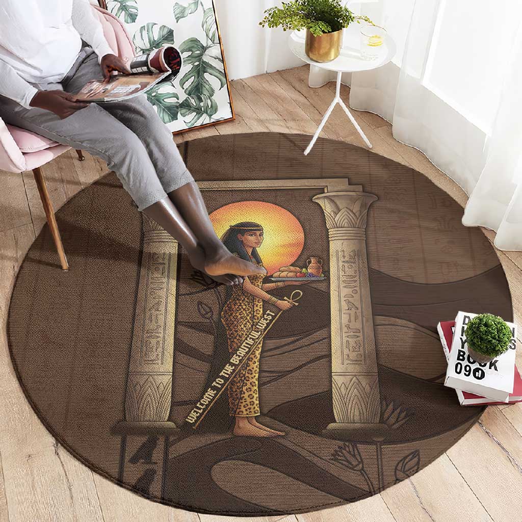 Imenet Sunlit Temple Columns Round Carpet with Ancient Egyptian Offering Scene