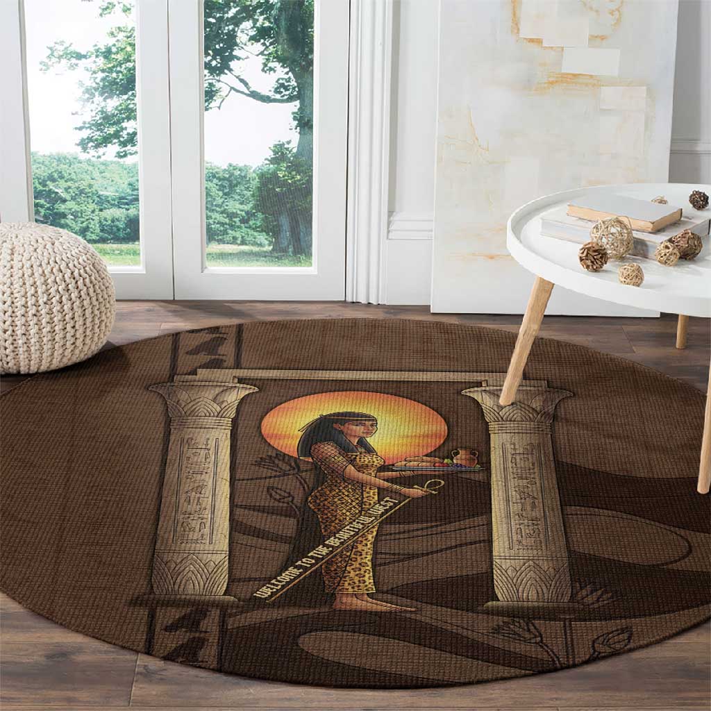 Imenet Sunlit Temple Columns Round Carpet with Ancient Egyptian Offering Scene