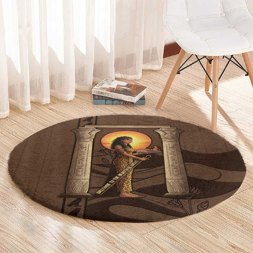 Imenet Sunlit Temple Columns Round Carpet with Ancient Egyptian Offering Scene