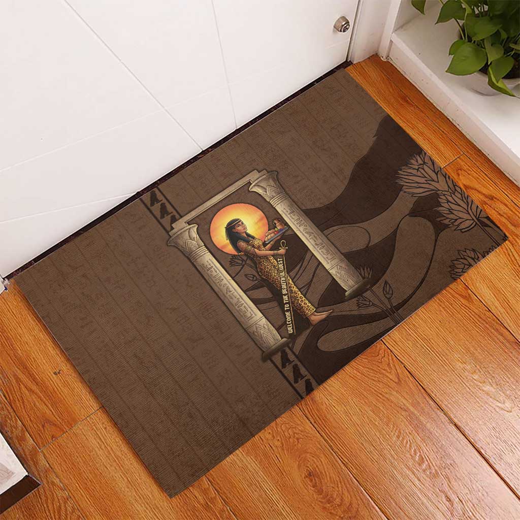 Imenet Sunlit Temple Columns Rubber Doormat with Ancient Egyptian Offering Scene