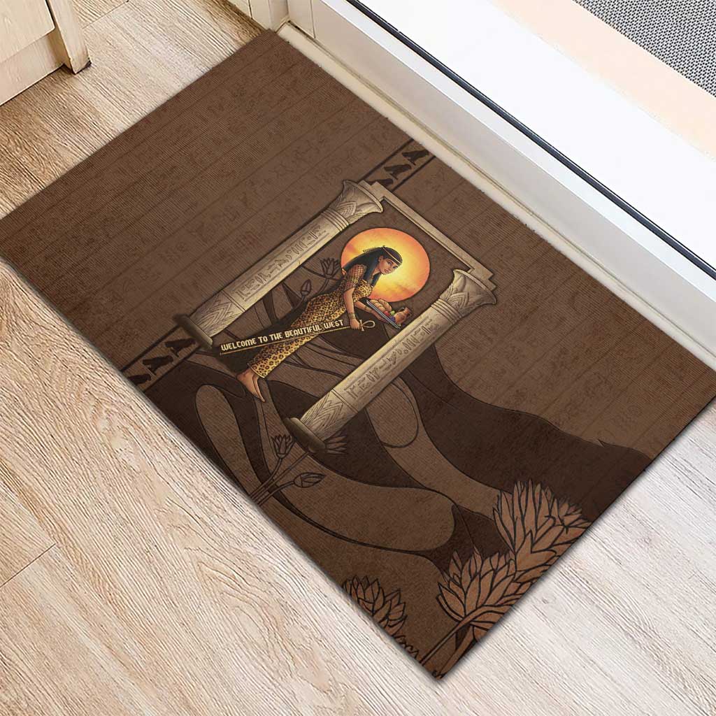 Imenet Sunlit Temple Columns Rubber Doormat with Ancient Egyptian Offering Scene
