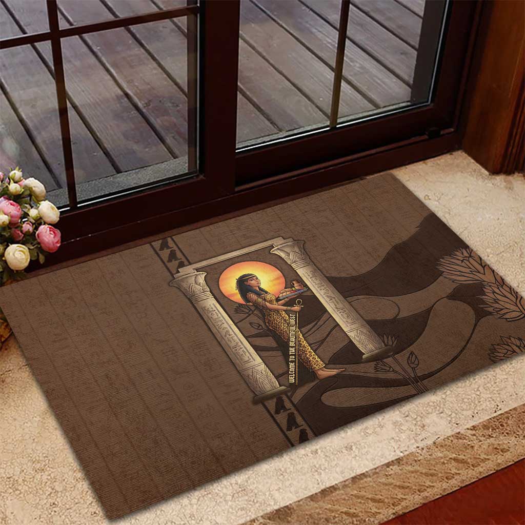 Imenet Sunlit Temple Columns Rubber Doormat with Ancient Egyptian Offering Scene