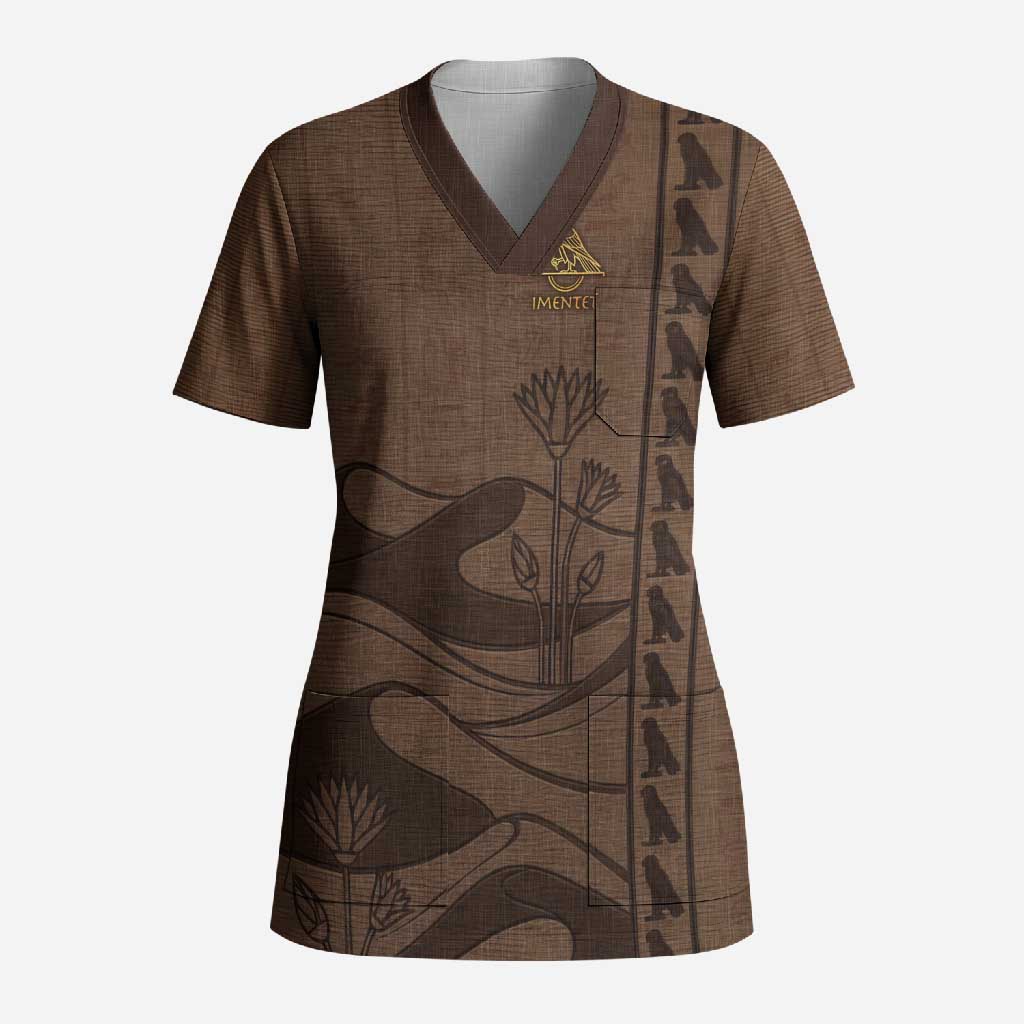 Imenet Sunlit Temple Columns Scrub Top with Ancient Egyptian Offering Scene
