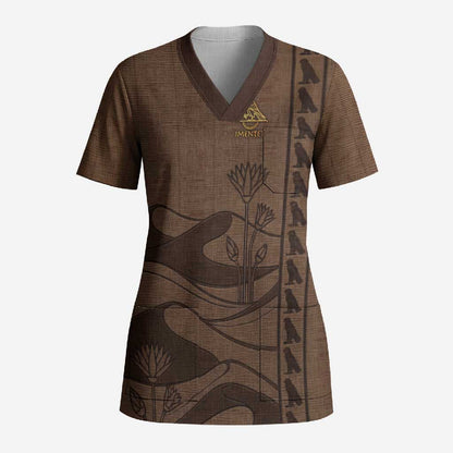 Imenet Sunlit Temple Columns Scrub Top with Ancient Egyptian Offering Scene