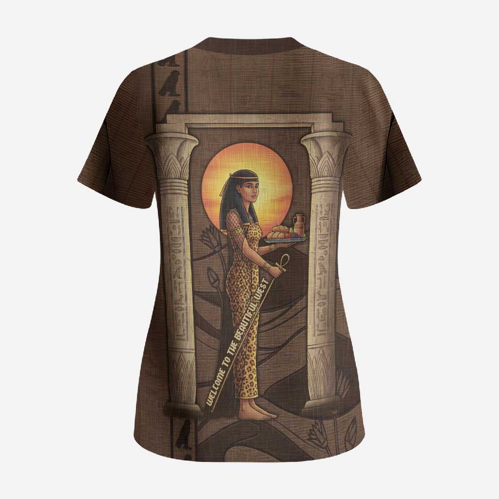 Imenet Sunlit Temple Columns Scrub Top with Ancient Egyptian Offering Scene