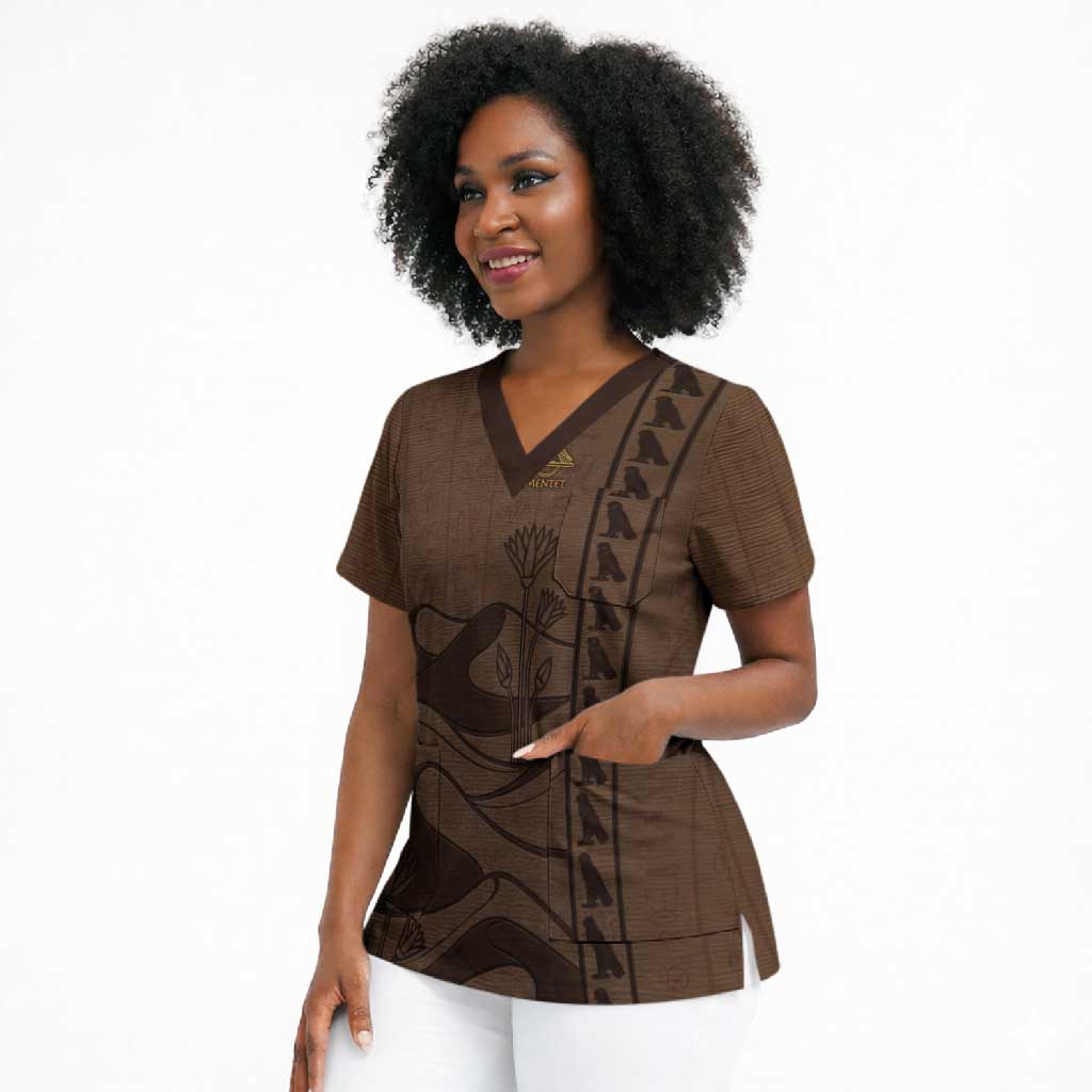 Imenet Sunlit Temple Columns Scrub Top with Ancient Egyptian Offering Scene