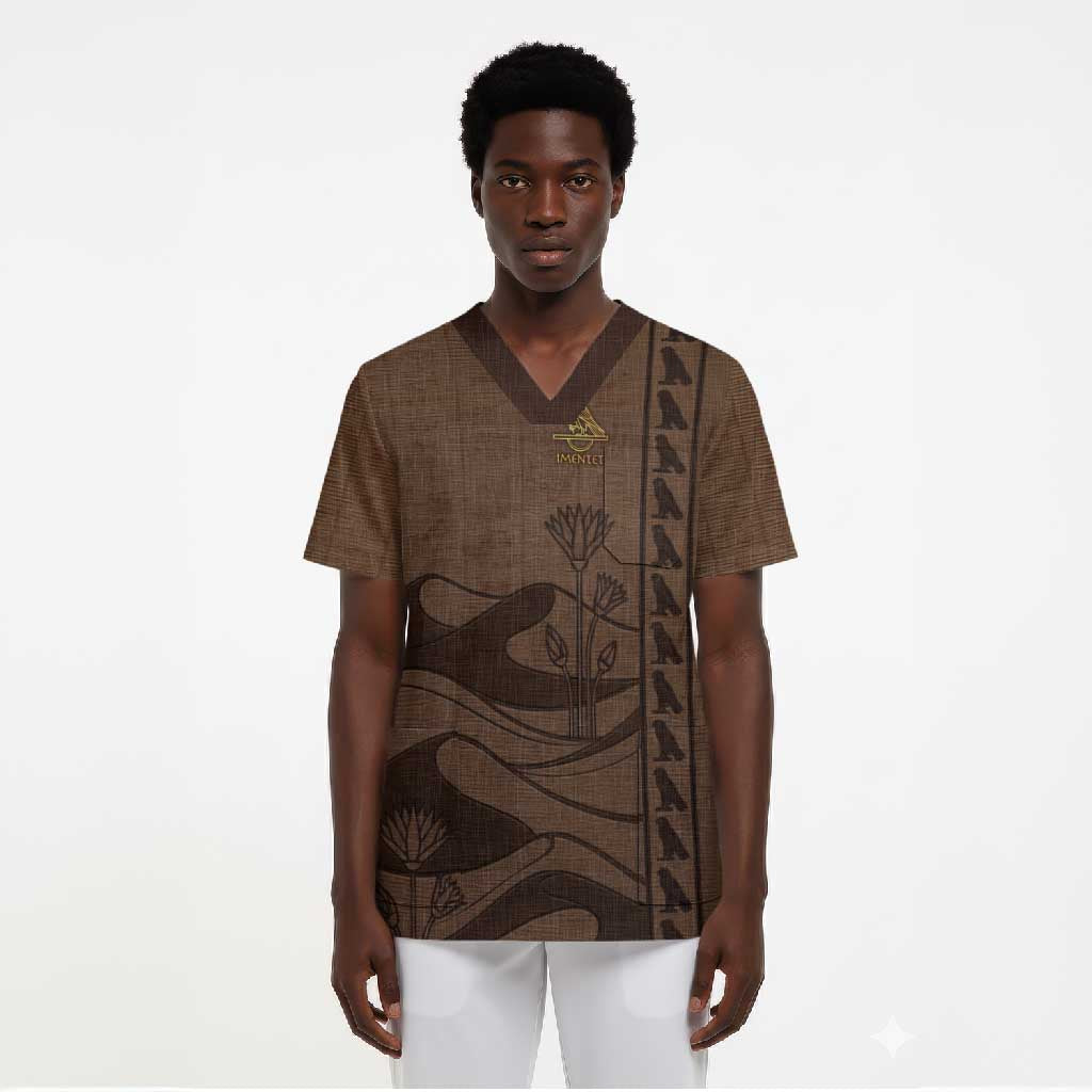 Imenet Sunlit Temple Columns Scrub Top with Ancient Egyptian Offering Scene