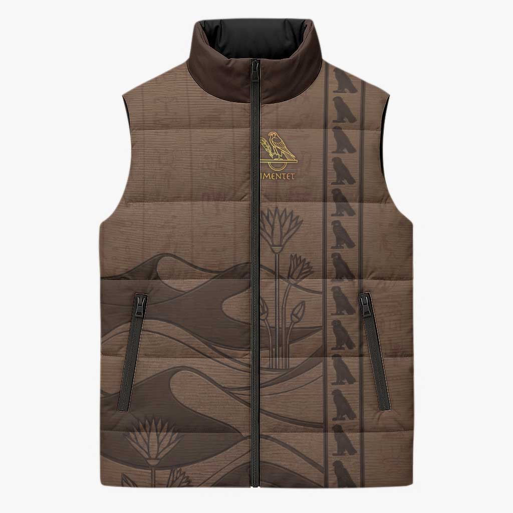Imenet Sunlit Temple Columns Sleeveless Puffer Jacket with Ancient Egyptian Offering Scene