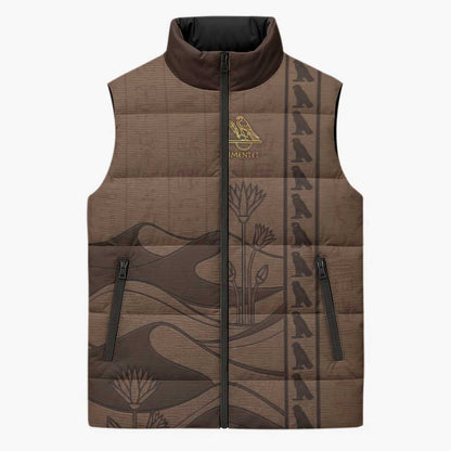 Imenet Sunlit Temple Columns Sleeveless Puffer Jacket with Ancient Egyptian Offering Scene