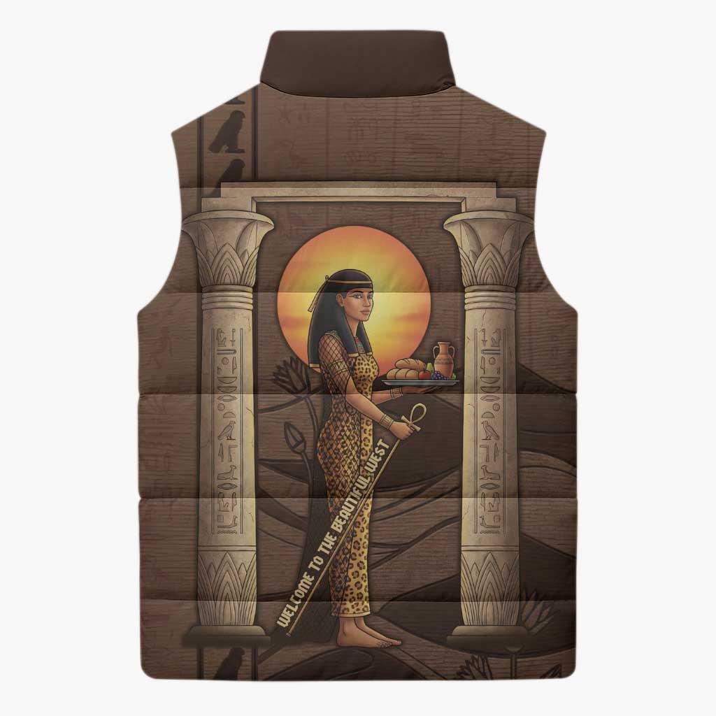 Imenet Sunlit Temple Columns Sleeveless Puffer Jacket with Ancient Egyptian Offering Scene
