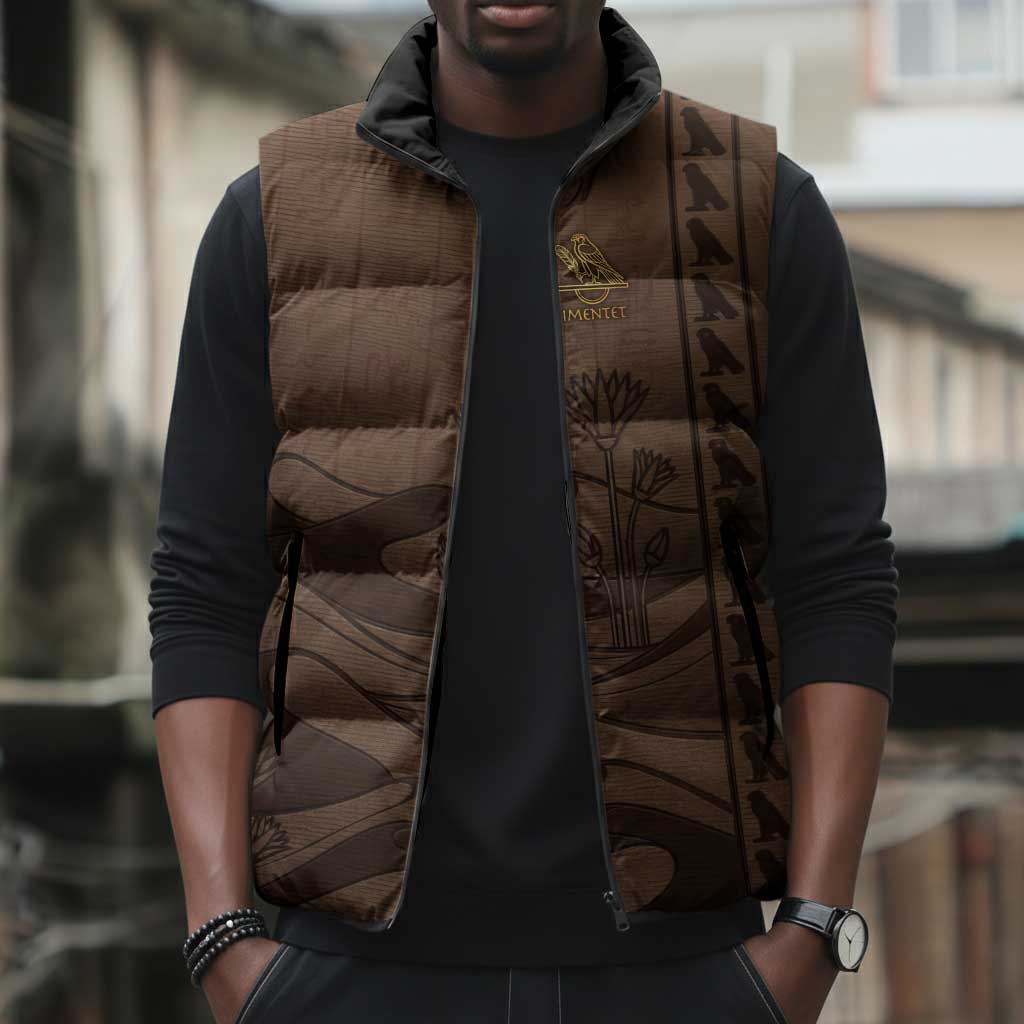 Imenet Sunlit Temple Columns Sleeveless Puffer Jacket with Ancient Egyptian Offering Scene